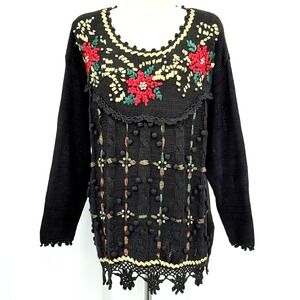 Vintage‎ Shenanigans Womens Christmas Sweater M Beading Poinsettia Crochet Black